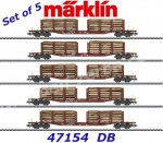 47154 Marklin Set of 5 stake cars type Snps 719 with load of real wood of the DB