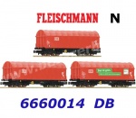 6660014 Fleischmann N Set 3 nákladních vozů se shrnovací plachtou řady Shimmns, DB