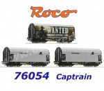 76054 Roco Set of 3 slide tarpaulin wagons type Shimmns of the Captrain.