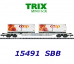 15491 TRIX MiniTRIX N Kontejnerový vůz řady Sgns se 2 kontejnery Coop®, SBB Cargo