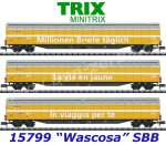 15799 TRIX MiniTRIX N  Set of 3 Cargo Cars with Sliding Walls Type  Habbiillnss " Wascosa" SBB