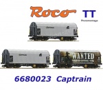6680023 Roco TT  Set 3 vozů se shrnovacími plachtami řady Shimmns, Captrain